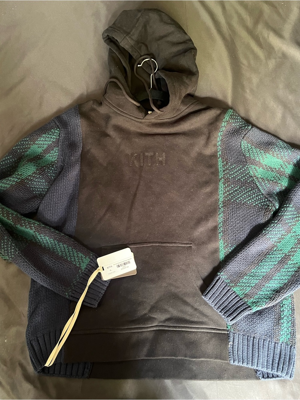 Kith Black Hoodie with Navy & Green Knit Sleeves